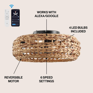Archer 20.25" 4-Light Coastal Bohemian 6-Speed Metal/Seagrass Mobile-App/Remote-Controlled Lantern LED Ceiling Fan - JONATHAN Y